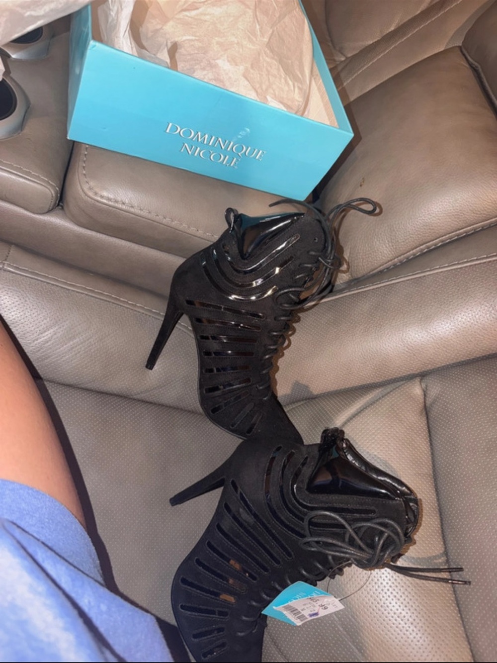 Dominique Black Lace-Up Cutout Stiletto Heels